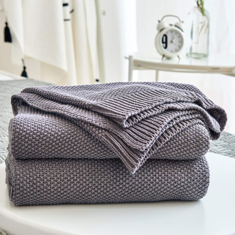 Longhui bedding Dark Grey 100% Cotton Lightweight Cable Knit Throw Blanket for Couch Sofa Bed Home Large Decorative, Bonus Laundering Bag, Dark Gray 60 x 80 Inch, Machine Washable - Image 1